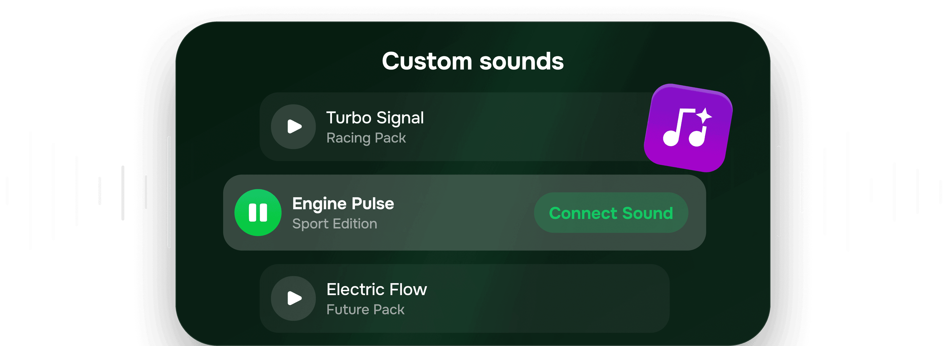 Custom CarPlay sounds panel — Turbo Signal, Engine Pulse (Connect Sound highlighted), Electric Flow — surrounded by waveform decorations and a floating purple music badge