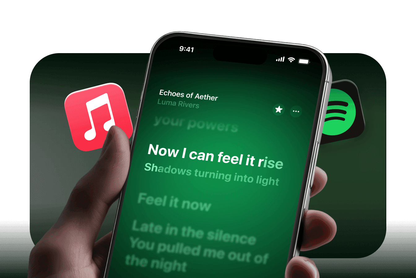 Hand holding iPhone showing live lyrics with ad-free Apple Music badge