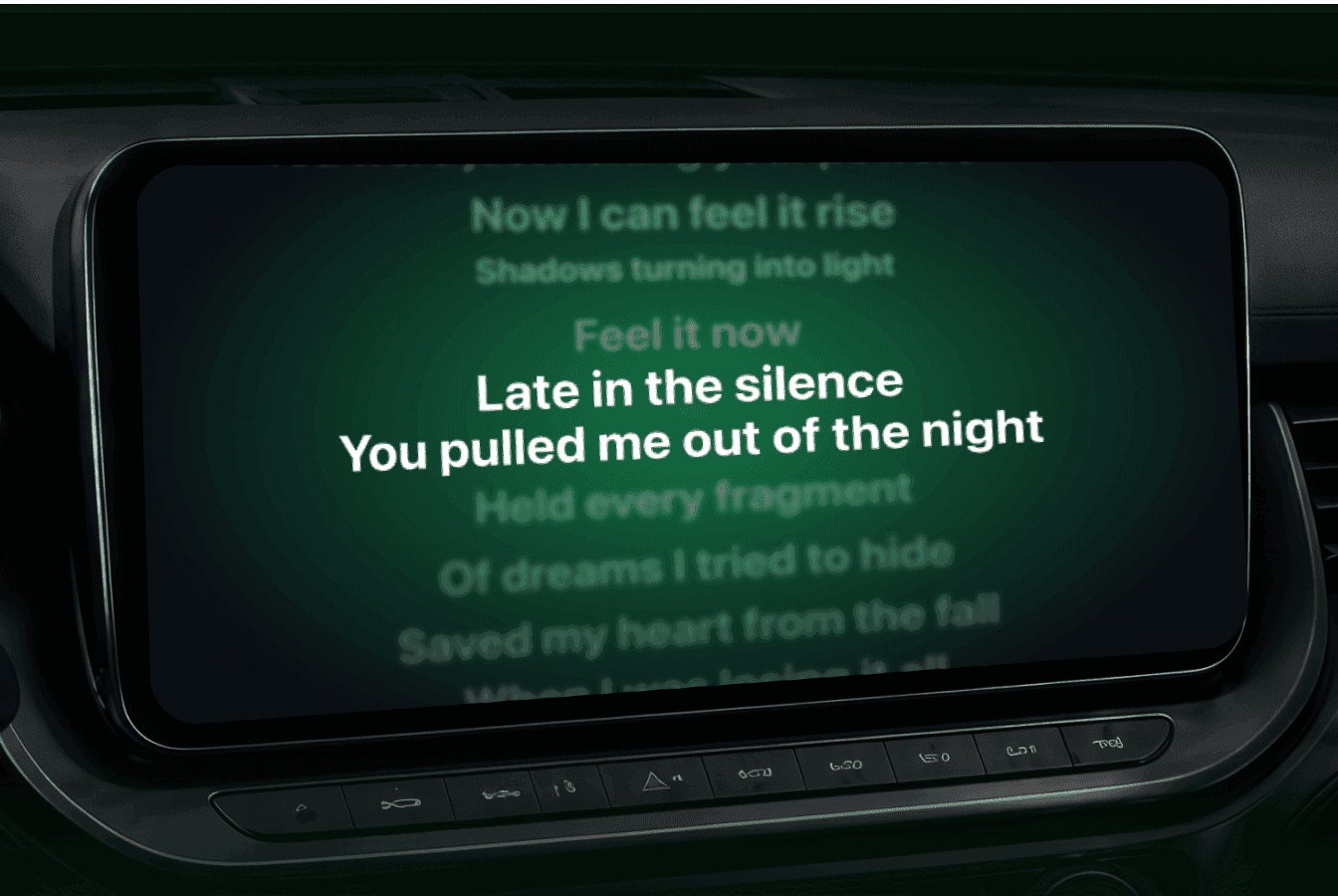 CarPlay screen showing time-coded karaoke lyrics window