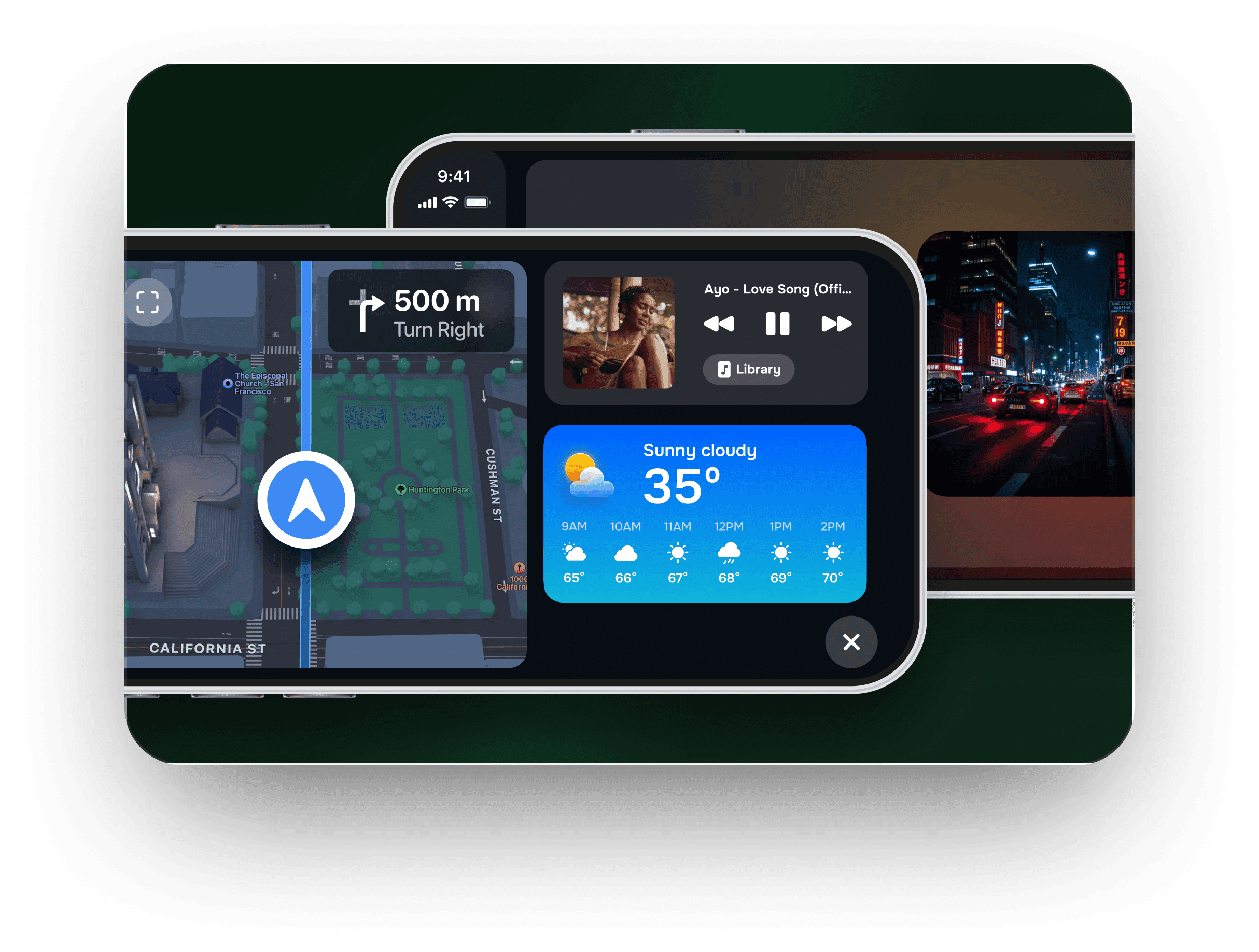 Two iPhones in Mount Mode — map with weather, music player