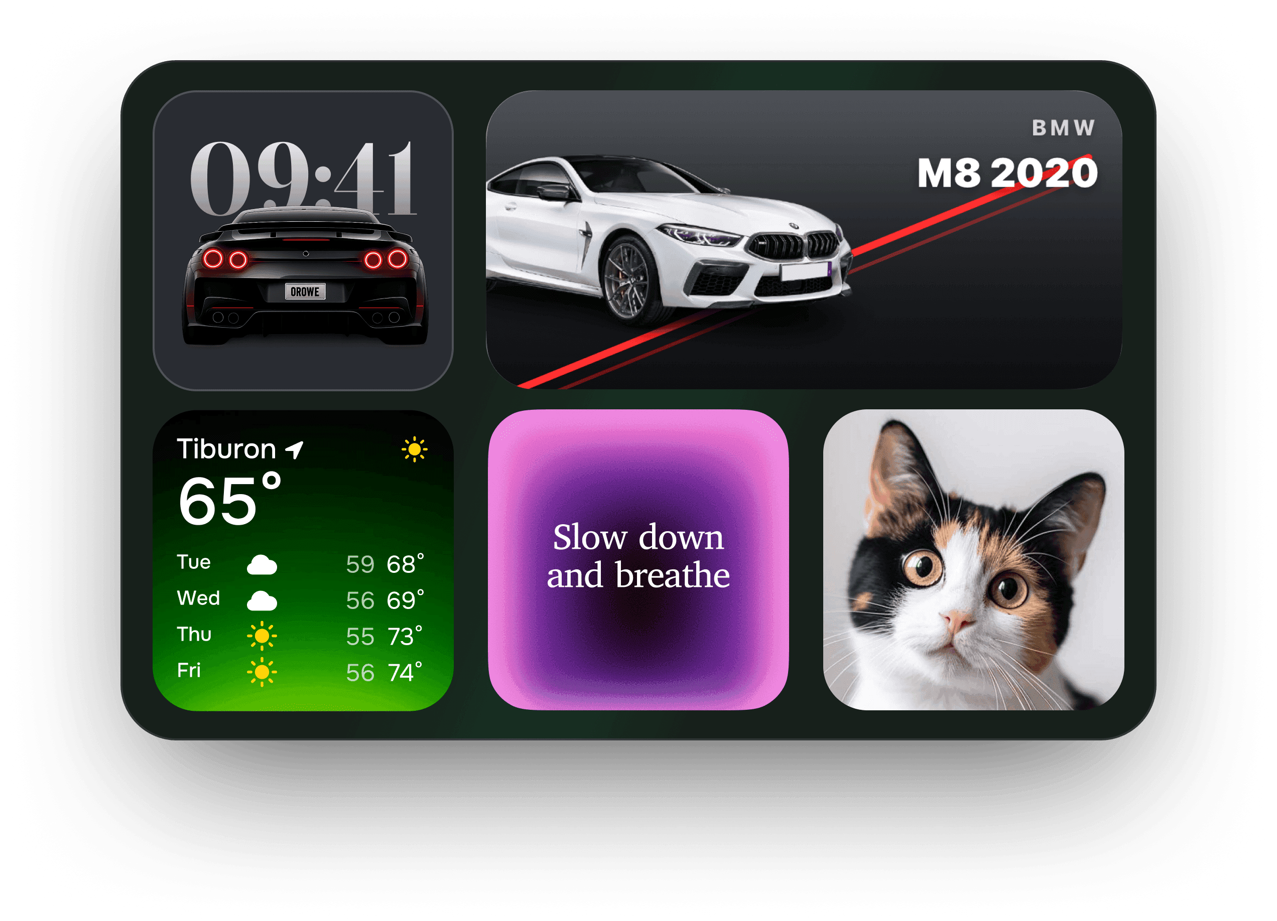 CarPlay widget collage — clock, BMW M8 2020, weather, lyrics, cat