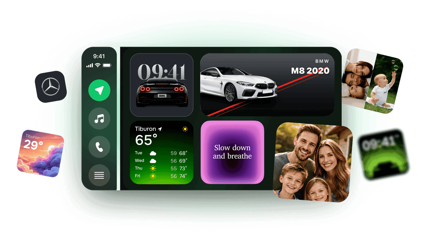 iPhone with CarPlay screen showing widgets — clock, BMW M8, Tiburon weather, family photo, lock screen — surrounded by floating widget badges (Mercedes, Tiburon, family, 9:41)
