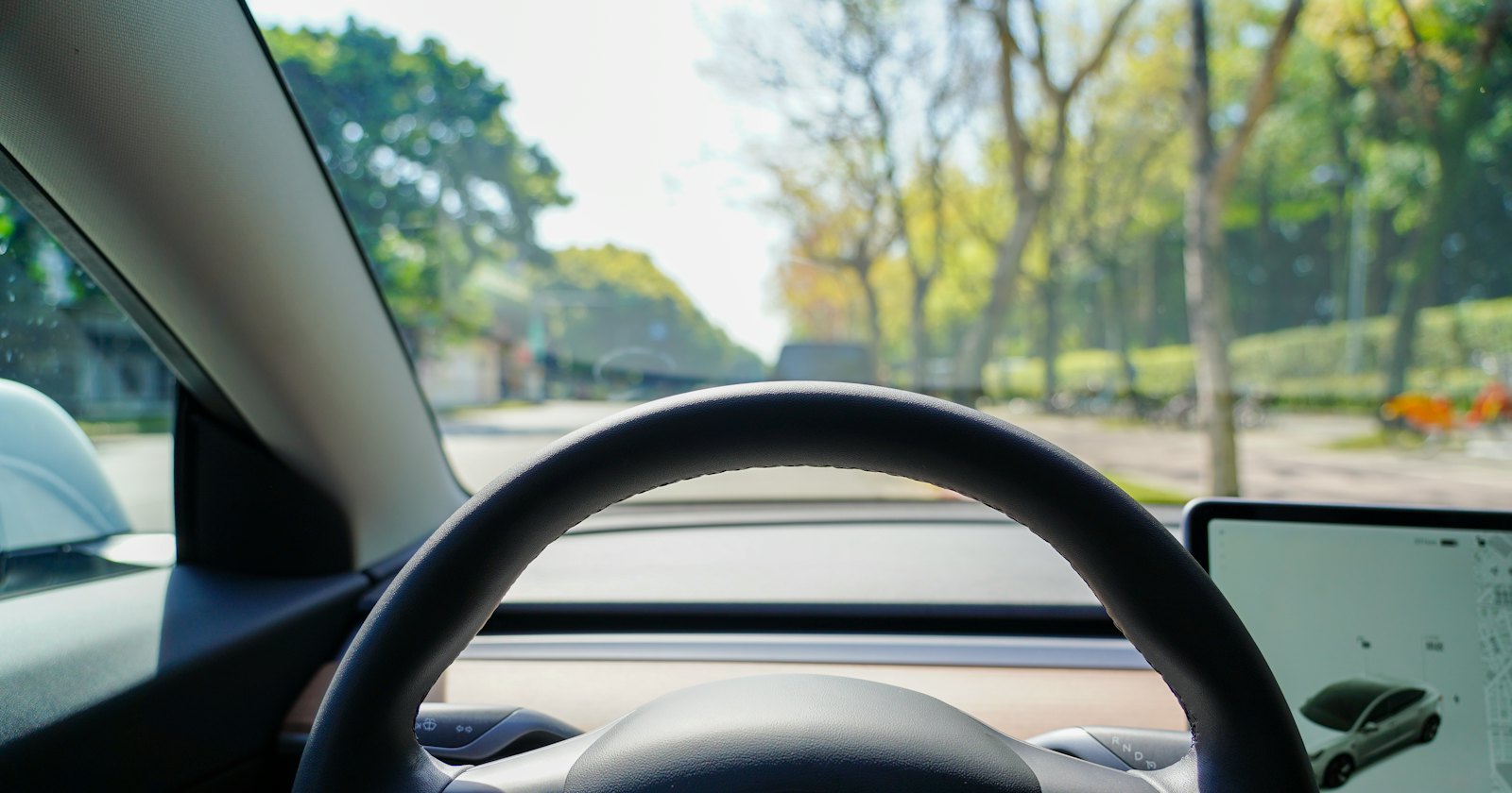 Conducente guida auto Tesla su strada soleggiata