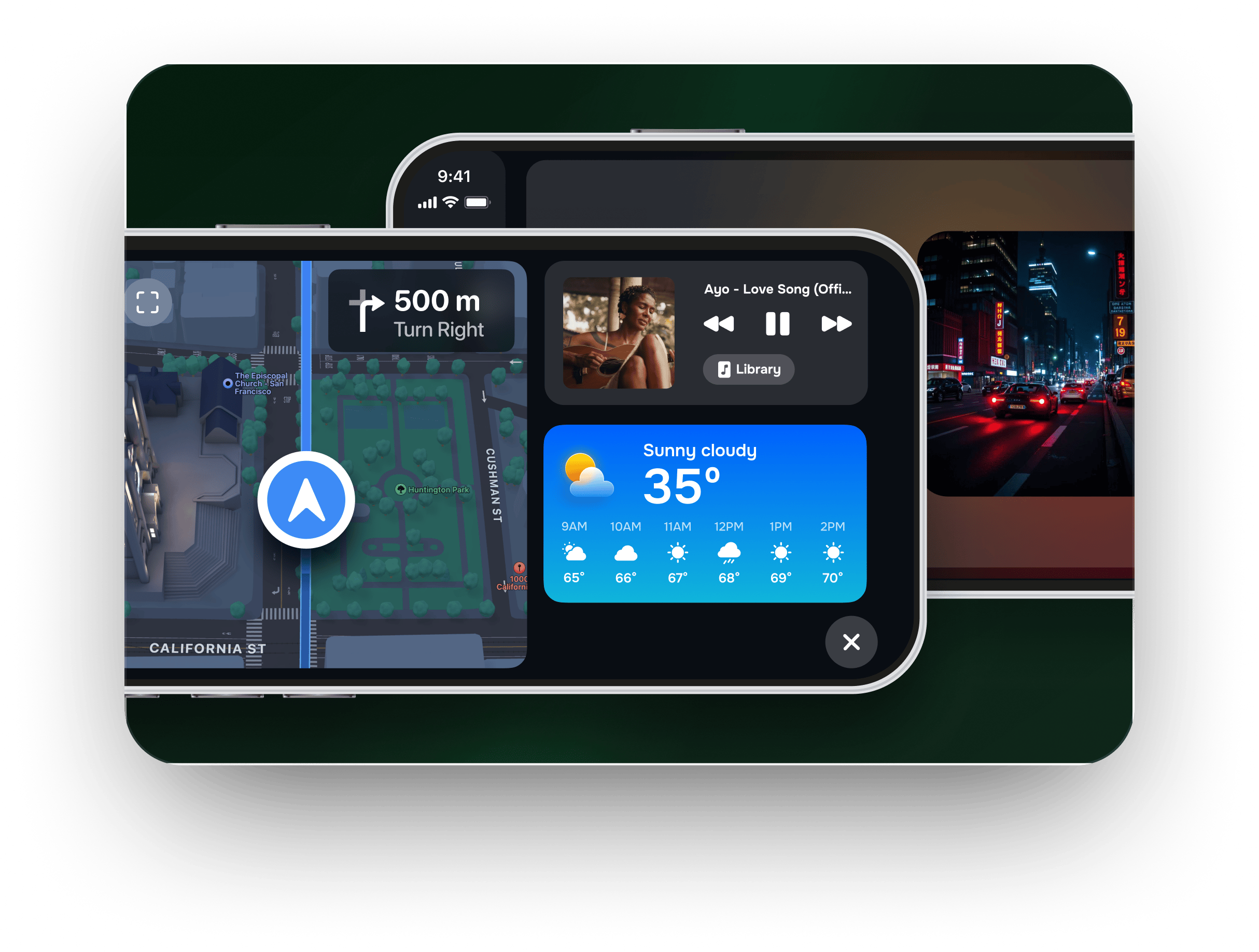 Car Play Connect Mount Mode running on an iPhone mounted in a car: a large-tile dashboard with map, now-playing, and a GPS speedometer for a car without CarPlay