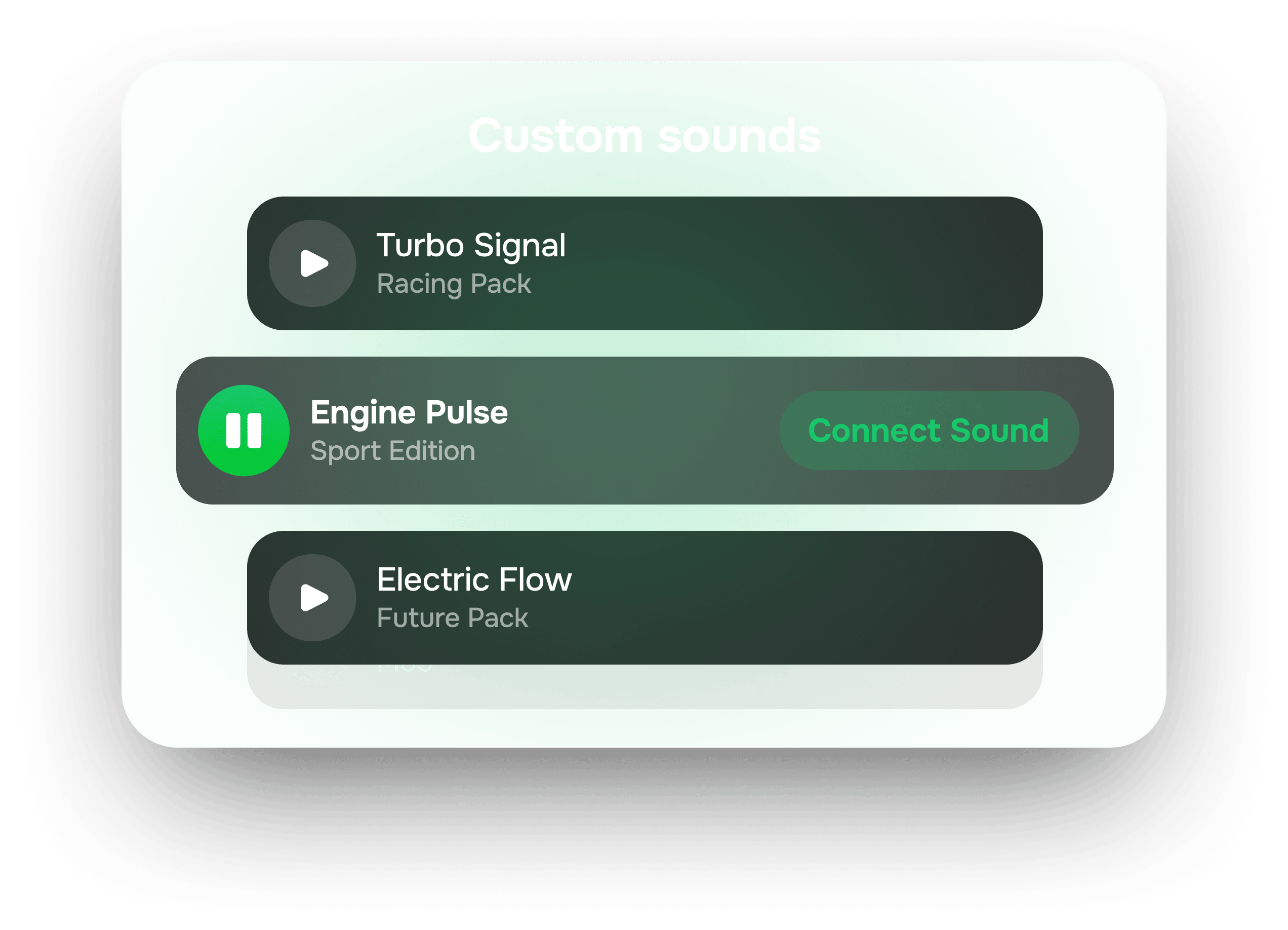 Car Play Connect Sounds screen: connect and disconnect rows with an Add Custom option for an imported .wav